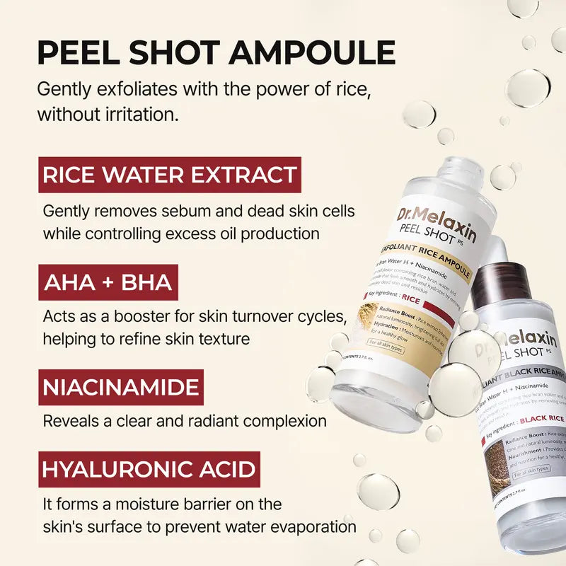 [Dr.Melaxin Official] Peel Shot Glow Rice Ampoule Duo - Serums for Brightening, Exfoliating, and Moisturizing - Suitable for All Skin Types